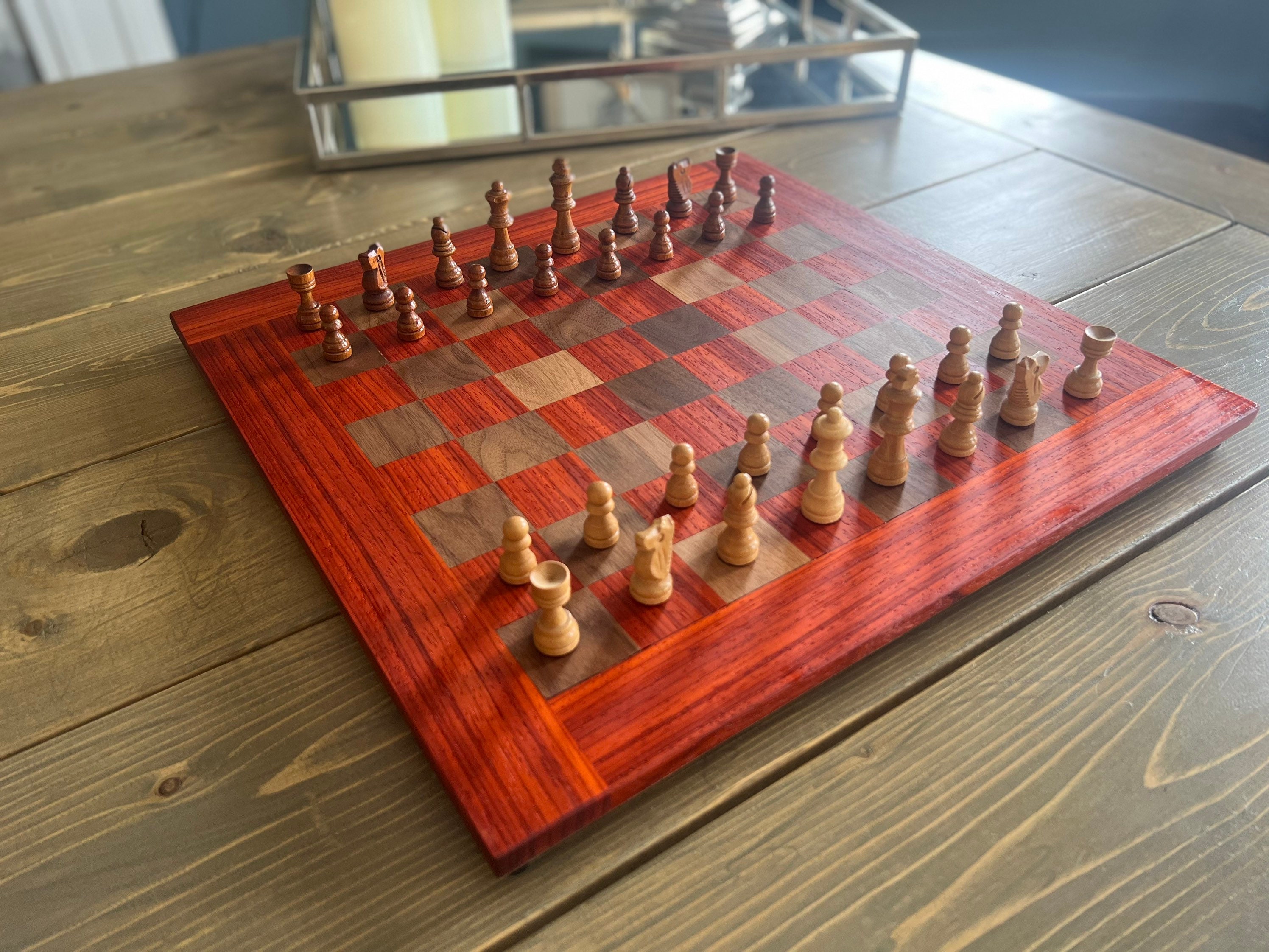 Sweet Hill Wood Chess Boards. Walnut and Maple Chess Board - 3 inch squares  - curly maple accent frame