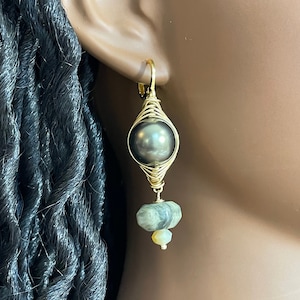 Pearl, Serpentine and Crystal Handmade Earrings, Gold Wire Wrapped