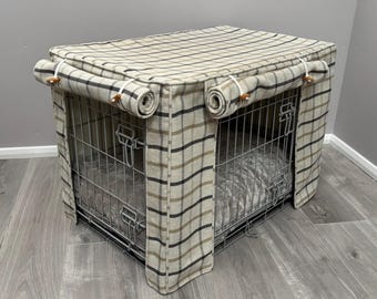 Dog Crate Cover: Natural Herringbone Checked Fabric, Cozy Pet Den