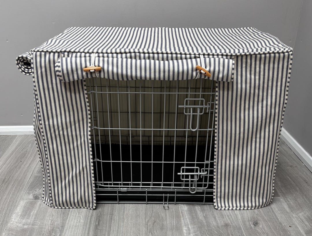 Dog Crate Cover, Set Cover Cushion and Bumper in a Blue Ticking Stripe ...