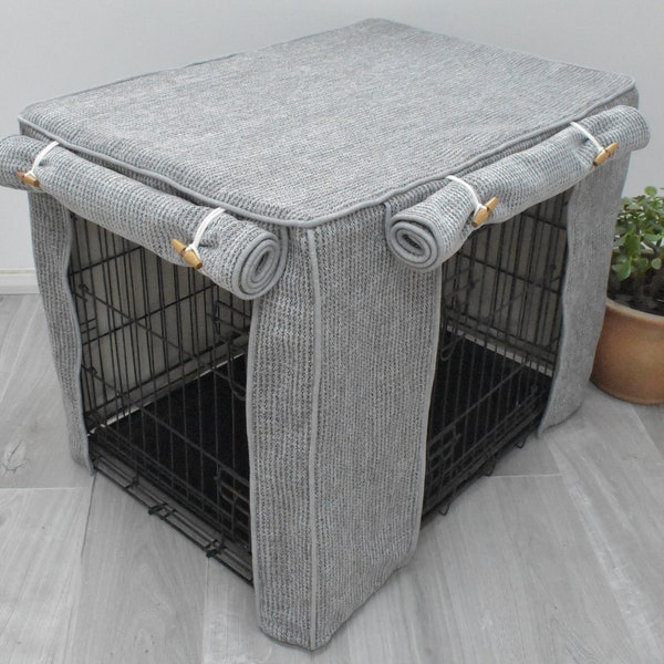 Dog crate covers, cushions and bumpers made to measure in a lovely textured silver grey coloured fabric