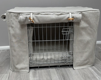 Dog crate cover made-to-measure Charcoal & Cream Ticking Stripe, washable, fully lined