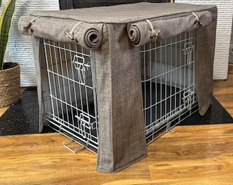Deluxe dog crate cover in a lovely a soft touch Mink coloured fabric for a small size double door Pets at Home crate fully lined