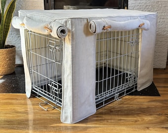 Deluxe dog crate covers made to measure, cotton and linen blend fabric in grey and cream stripe fabric, washable, fully lined.