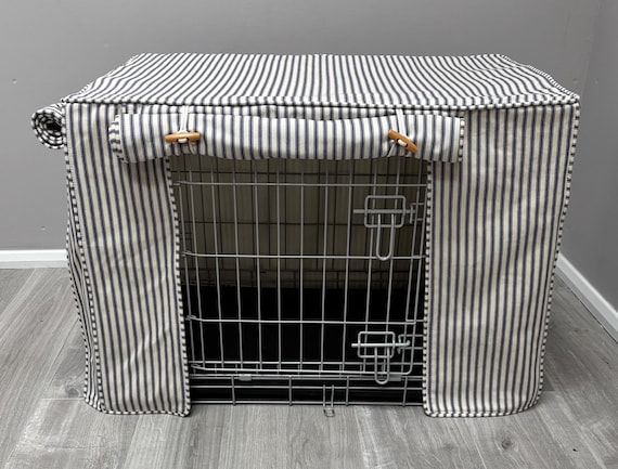 Dog Crate Cover Blue Cream Ticking Stripe cotton fabric made to measure fully lined,  pre washed fabric