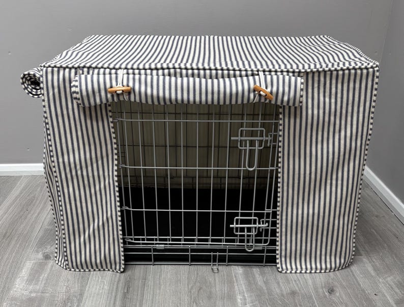 Dog Crate Cover Blue Cream Ticking Stripe cotton fabric made to measure fully lined, pre washed fabric Bild 1