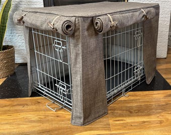 Dog crate covers made to measure in a soft touch Mink coloured fabric with a full cotton rich lining