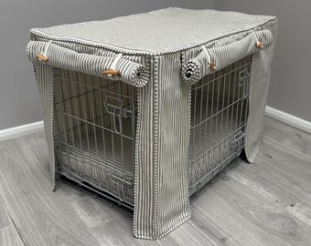 Dog Crate Cover Charcoal Cream Ticking Stripe Cover Cushion Bumper made to measure, fully lined