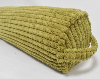 Draught Excluder removeable zipped washable outer cover in a  Moss Green Jumbo Cord fabric
