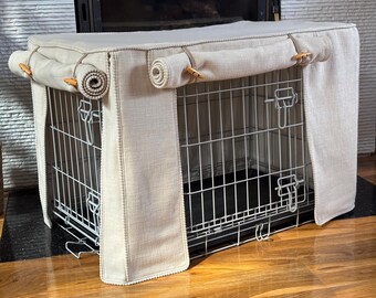 Deluxe dog crate covers made to measure in great linen look fabric with a full cotton rich lining
