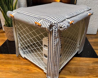 Diggs Dog crate cover for small and medium Evolv crates, in a Blue ticking stripe fabric, fully lined and pre-washed.