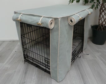Personalised Made-to-Measure Dog Crate Cover – Duck Egg Blue Cotton, Fully Lined