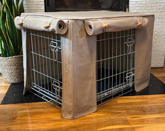 Luxury dog crate covers made to measure Chai colored cotton fabric fully lined with a cotton rich lining fabric. S M L XL XXL.