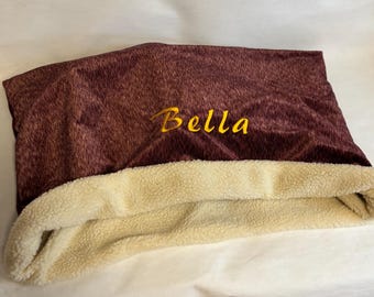 Snuggle sack bed personalised in a golden plumb fabric