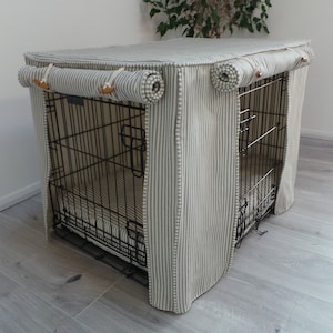 Dog crate covers made to measure in Charcoal & Cream ticking stripe fabric Sizes S M L XL