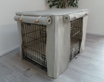 Dog crate covers made to measure in Charcoal & Cream ticking stripe fabric Sizes S M L XL