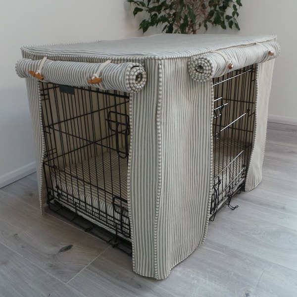 Dog crate covers made to measure in Charcoal & Cream ticking stripe fabric Sizes S M L XL