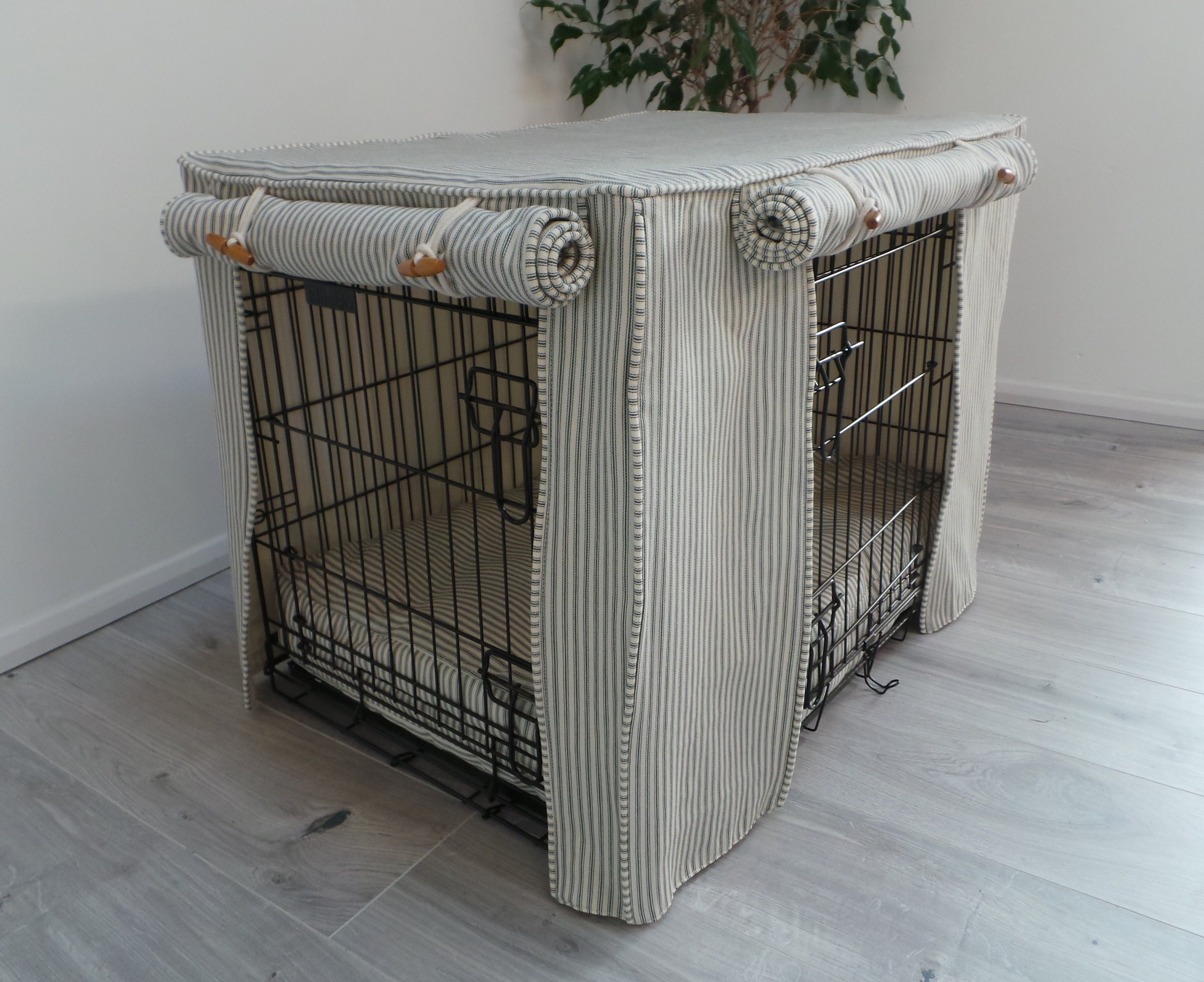 Dog crate covers, cushions and bumpers made to measure in a lovely Charcoal and Cream ticking stripe fabric