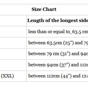 K&ouml;nnte beinhalten: Eine Gr&ouml;&szlig;entabelle mit wei&szlig;em Hintergrund und schwarzem Text. Die Tabelle listet Kistengr&ouml;&szlig;en von Small (S) bis Extra Extra Large (XXL) mit L&auml;ngenma&szlig;en in cm und Zoll, von weniger als 63,5 cm (25") bis 124,5 cm (49").