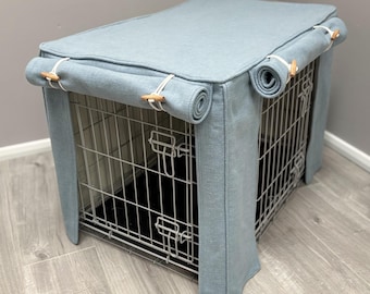 Dog crate covers made to measure in a lovely Dusty Blue coloured fabric Sizes S M L XL fully lined with a cotton rich lining fabric