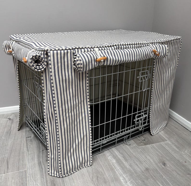 Dog Crate Cover Blue Cream Ticking Stripe cotton fabric made to measure fully lined, pre washed fabric Bild 5