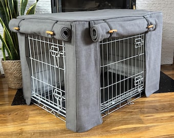 Luxury dog crate covers made to measure Slate Grey colored fabric fully lined with a cotton rich lining fabric. S M L XL XXL.