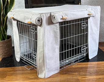 Luxury dog crate covers made to measure in a soft taupe soft touch fabric, pre-washed with a full cotton rich lining