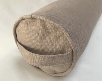 Draught excluder bolster in a lovely greige coloured fabric zipped cover removable filled inner cushion approx. 14cm diameter