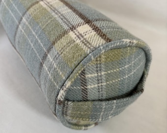 Draught excluder, duck egg check fabric, removable washable outer cover, approx. 14cm diameter.