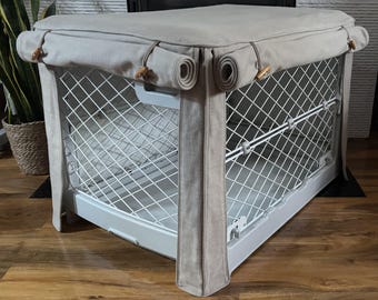 Diggs Revol Dog crate cover for medium Revol crate, in an oat colored cotton fabric, fully lined and pre-washed.