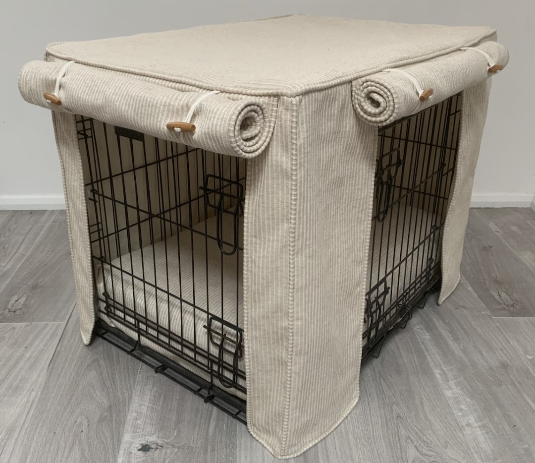 Deluxe Dog Crate Covers Made to Measure in a Timeless Natural Striped ... - Straight Mesh Dog Crate Cover