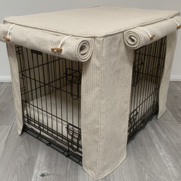 Deluxe dog crate covers made measure in a timeless natural striped linen blend fabric