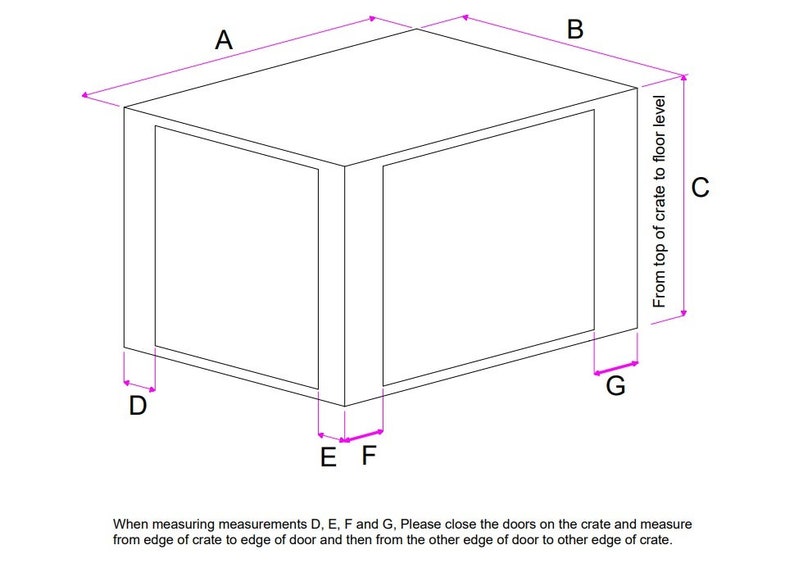 K&ouml;nnte beinhalten: Diagramm einer rechteckigen Kiste mit den Ma&szlig;en A, B, C, D, E, F und G. Der Text erkl&auml;rt, wie die Abmessungen der Kiste gemessen werden. Die Kiste hat eine rechteckige T&uuml;r.