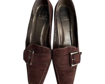 VTG Stuart Weitzman Brown Suede Loafers Silver Buckle Kitten Heel Pumps Size 7.5 M