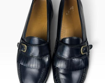 Cole Haan Black Leather Kiltie Tassel Loafers with Brass Buckle Mens Size 11.5 M