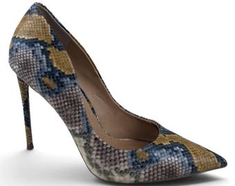 Steve Madden Vala Blue & Tan Snake-Print Pointed Stiletto Pumps Womens Size 9