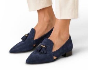 Cole Haan Vanya Navy Suede Tassled Loafers Women’s Size 9.5 Preppy Pointed Flats
