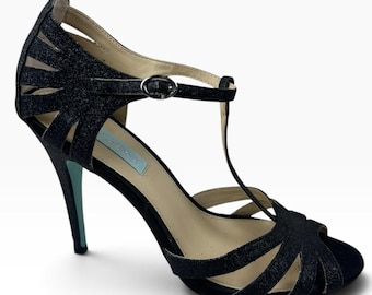 Blue by Betsy Johnson SB-Tee Black Glitter T-Strap Peep Toe Stilettos Women’s 8