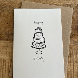 Cartão de bolo de feliz aniversário, presente de aniversário, cartão desenhado à mão