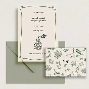 Illustrated Wedding Invite Bundle, Hand Drawn Wedding Invite, Editable Save The Date, Customisable and Unique, Italian Summer Theme