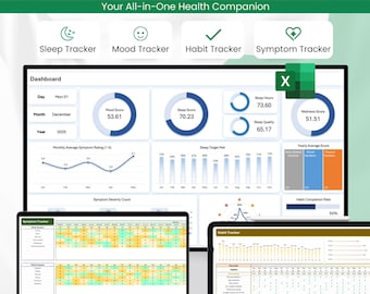 Self-Care / Mood / Symptom / Sleep / Habit Tracker Spreadsheet, Excel Dashboard, Excel Template