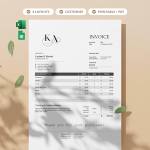 Printable Invoice Template, Excel, Google Sheets and PDF, Small Business Spreadsheet, Editable Invoice Form