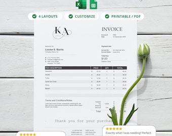 Printable Invoice Template, Excel, Google Sheets and PDF, Small Business Spreadsheet, Editable Invoice Form