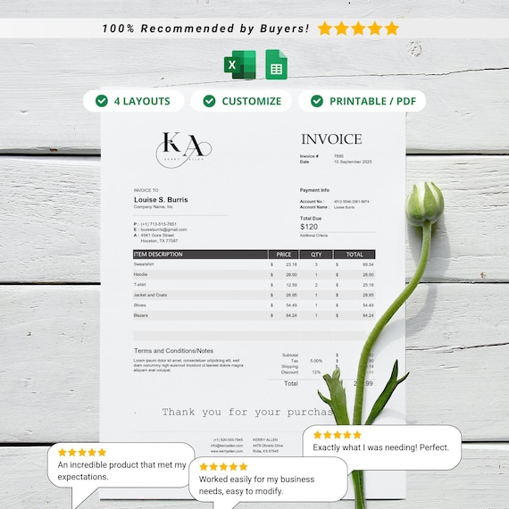 Printable Invoice Template, Excel, Google Sheets and PDF, Small Business Spreadsheet, Editable Invoice Form