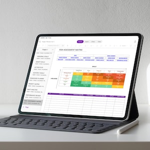 May include: A tablet computer displaying a digital risk assessment matrix and project planner interface. The screen shows a colorful grid labeled impact and likelihood, with a sidebar listing various planning sections like goals and analysis.
