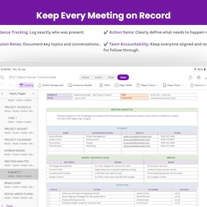 May include: A digital planner interface on a tablet screen titled Meeting minutes. The page displays a meeting record template with sections for subject, date, attendees, agenda, discussion, issues, and action items in a table.