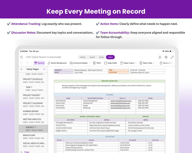 May include: A digital planner interface on a tablet screen titled Meeting minutes. The page displays a meeting record template with sections for subject, date, attendees, agenda, discussion, issues, and action items in a table.