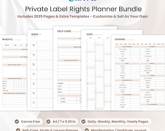 PLR Canva Planner Bundle, Personal and Commerical Use, Printable Planner, Gratitude, Manifestation Journals, Daily, Weekly, Monthly Pages