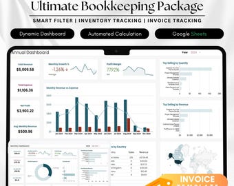 Ultimate Bookkeeping Package, Annual / Monthly Dashboard, Business Spreadsheet, Accounting, Income and Expense, Tax Tracker, Google Sheets