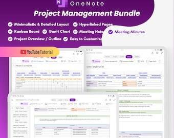 Project Management Template, Gantt Chart, Project Milestone, SMART Goals, Project Budget, SWOT Analysis, Kanban Board, OneNote Planner